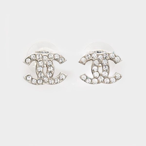 Chanel Silver Swarovski Crystal CC Earrings