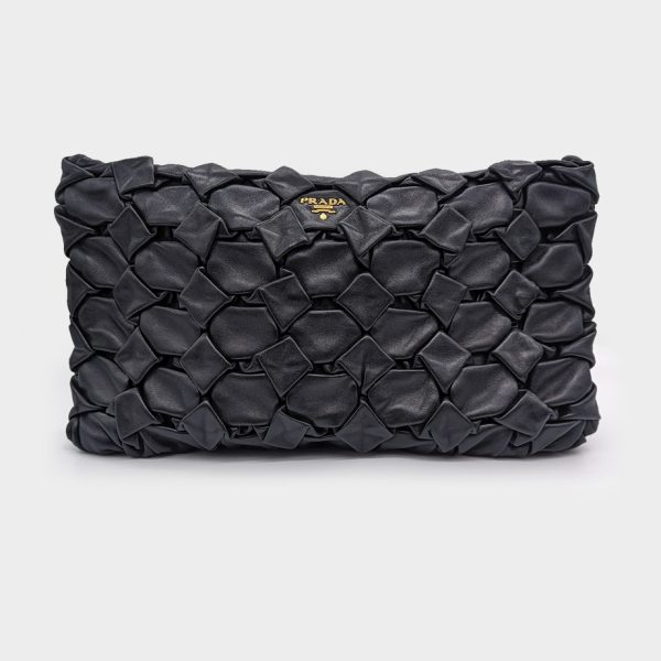 Prada Modore Hand Pleated Nappa Leather Clutch Bag Black